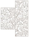 A set of contour illustrations of stained glass Windows with tree branches, Apple tree branch with ripe fruit and leaves Royalty Free Stock Photo