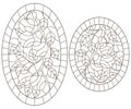 A set of contour illustrations of stained glass Windows with tree branches, Apple tree branch with ripe fruit and leaves