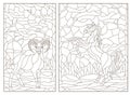 Contour set with illustrations of stained glass Windows with wild sheep and horse on a background of forest landscape, dark cont