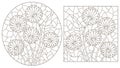 Contour set with  illustrations in the style of stained glass with abstract dandelion flowers, dark contours on a white background Royalty Free Stock Photo