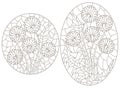 Contour set with illustrations in the style of stained glass with abstract dandelion flowers, dark contours on a white background Royalty Free Stock Photo