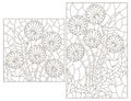 Contour set with  illustrations in the style of stained glass with abstract dandelion flowers, dark contours on a white background Royalty Free Stock Photo