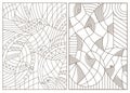 Set of contour illustrations in the style of stained glass with abstract fish and birds, dark outlines on a white background