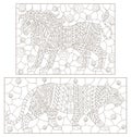 Contour set with illustrations in the style of stained glass with abstract lion and tiger, dark contours on a white background