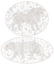 Contour set with illustrations in the style of stained glass with abstract lion and tiger, dark contours on a white background