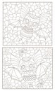 Contour set with illustrations in the style of stained glass with cartoon bats, dark outlines on a white background