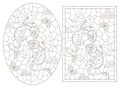 Contour set with illustrations in the style of stained glass with cartoon cute dragons, dark outlines on a white background