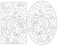 Contour set of illustrations in the style of stained glass with cartoon cute dragons, dark outlines on a white background