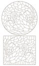 Set of contour illustrations in the style of stained glass with compositions of vegetables, dark contours on a white background