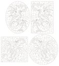 Set of contour illustrations in the style of stained glass with dragons, dark contours on a white background