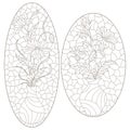 Contour set with illustrations in the style of stained glass with floral still lifes, dark outlines on a white background Royalty Free Stock Photo