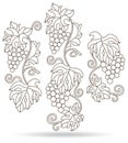 Contour set with illustrations in the style of stained glass with grape vines, dark contours isolated on a white background