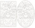 Set of contour illustrations in the style of stained glass for Halloween with cute cats in pumpkins Royalty Free Stock Photo