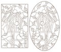 Contour set with illustrations in the style of stained glass with a pair of birds and a birdhouse, dark contours on a white backgr