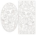 Contour illustration in the style of stained glass with a pair of cartoon cats, dark outlines on a white background