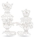 Contour set with illustrations in the style of stained glass with Russian samovars and teapots, dark outlines isolated on a white