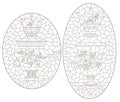 Contour set with illustrations in the style of stained glass with Russian samovars and teapots, dark outlines on a white backgroun