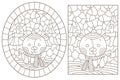 Set of contour illustrations in the style of stained glass on the theme of New Year holidays with cute deers
