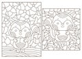 Contour set with illustrations in the style of stained glass on the theme of New Year holidays with cute foxes, dark outlines on a