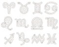 Contour set with  illustrations in the style of stained glass with zodiac signs, outline icons isolated on a white background Royalty Free Stock Photo