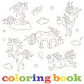 Set contour images of unicorns, funny cartoon animals, black contour on white background coloring book Royalty Free Stock Photo