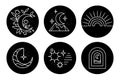 A set of contour mystical icons in boho style, celestial bodies, flowers. Black and white design. Illustration, templates