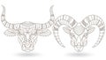 Contour set with stained glass elements with heads of horned animals,bull and goat, dark contours on white background