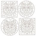 A set of contour stained glass illustrations with bear head, round and square image, dark outline on white background