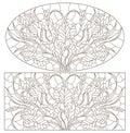 Contour set Contour set with illustrations with bouquets and flowers irises, horizontal oriented, dark outlines on white backgro