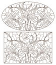 Contour set with illustrations with bouquets and flowers irises, horizontal oriented, dark outlines on white background