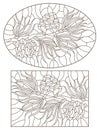 Contour set with  stained glass illustrations with cedar cone on a branch , dark outlines on white background Royalty Free Stock Photo