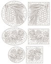 A set of contour stained glass illustrations with cedar cone on a branch , dark outlines on white background Royalty Free Stock Photo