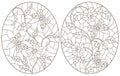 Contour set with illustrations with flowers and butterflies, dark contours on white background, oval images