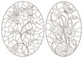 Contour set with stained glass illustrations with flowers and butterflies, dark contours on white background, oval images