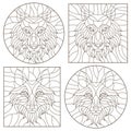 A set of contour stained glass illustrations with fox and wolf heads, dark outline on white background