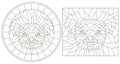 Contour set with stained glass illustrations with koala bear head, round and square image, dark outline on white background