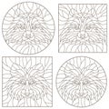 A set of contour stained glass illustrations with raccoon head, round and square image, dark outline on white background