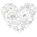 Set of contour vector floristic illustrations isolated on white background. Flowers are laid out in the shape of a heart