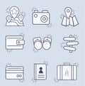 Set of contour vector icons of road, vacation, vacation. Symbols Line.