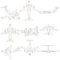 Set with contours of the aircraft. The contours of the aircraft from different points of view. 3D. Vector illustration Royalty Free Stock Photo