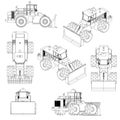 Set with the contours of the bulldozer from black lines Isolated on white background. 3D. Vector illustration Royalty Free Stock Photo