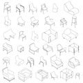 Set with contours of chairs and armchairs from black lines isolated on a white background. 35 decorative chairs and