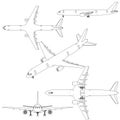 Set with the contours of a passenger plane in different positions from black lines Isolated on a white background. Five Royalty Free Stock Photo