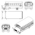Set with the contours of the school bus from black lines Isolated on white background. Side view, top, front, back Royalty Free Stock Photo