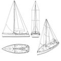 Set with the contours of a small yacht with a sail of black lines isolated on a white background. Front view, isometric