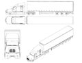 Set with contours of trucks with wagons from black lines Isolated on white background. Front, side, top, isometric view Royalty Free Stock Photo