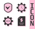 Set Contract money, Shield with check mark, Seo tag with gear wheel and Time Management icon. Vector Royalty Free Stock Photo