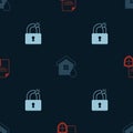 Set Contract with shield, House flood and Broken or cracked lock on seamless pattern. Vector