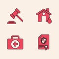 Set Contract with shield, Judge gavel, House flood and First aid kit icon. Vector