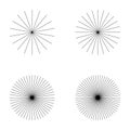 Set of converging radiating lines burst icon, geometric sunburst element, sun shape vector illustration